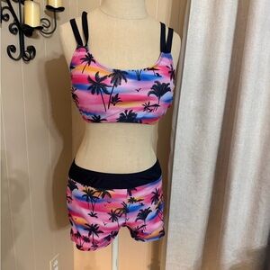Tropical Sunset Three -Piece Active Set - Pink & Blue Palm Print